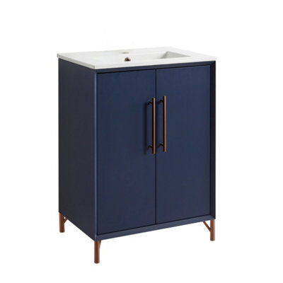 Homestylestore Navy Blue 610mm Bathroom Vanity Unit With Basin And Brushed Copper T Bar Handle - image 1
