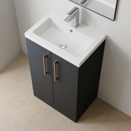 Balterley Bramshall Compact Bathroom Cloakroom Vanity Basin Unit With Polymarble Basin, Copper Handles, 500mm, Satin Dark Grey - thumbnail 2