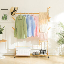 Living And Home Bamboo Clothes Rail Shoe Clothing Organizer Coat Hanging Rack With Bottom Shelf And Wheels - thumbnail 2