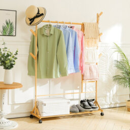 Living And Home Bamboo Clothes Rail Shoe Clothing Organizer Coat Hanging Rack With Bottom Shelf And Wheels
