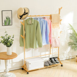 Living And Home Bamboo Clothes Rail Shoe Clothing Organizer Coat Hanging Rack With Bottom Shelf And Wheels - thumbnail 3