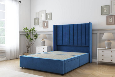 "Sloomy Falcon Navy Plush Divan Bed Base No Drawers With 54"" Wingback Headboard 2'6 Small Single" - image 1