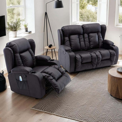 More4Homes Caesar Manual Recliner Bonded Leather 1+2 Seater Sofa Set (Black) - image 1