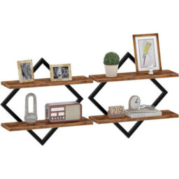 Brown 2Pcs Wooden Floating Shelves W/ Brackets - thumbnail 1