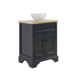 Homestylestore 645mm Black Grey And Oak Bathroom Vanity Unit With Round Countertop Basin And Black Round Handles - thumbnail 1