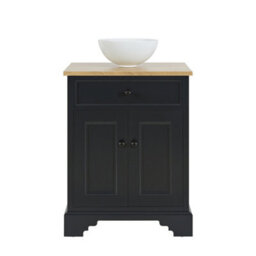Homestylestore 645mm Black Grey And Oak Bathroom Vanity Unit With Round Countertop Basin And Black Round Handles - thumbnail 2