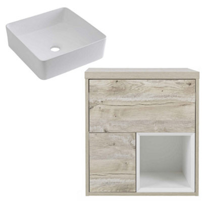 Homestylestore 600mm Light Oak Wall Hung Bathroom Vanity Unit With Square Countertop Basin - image 1