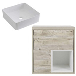 Homestylestore 600mm Light Oak Wall Hung Bathroom Vanity Unit With Square Countertop Basin - thumbnail 1