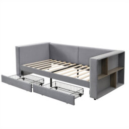 Abrihome Upholstered Bed, 90X190Cm, Daybed Sofa Bed, Velvet Sofa Bed With Side Storage & 2 Wheeled Drawers, Easy Assembly, Velvet, Grey - thumbnail 5