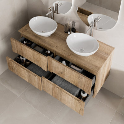 Aveli 1200mm Oak Vanity Unit Double Oval White Basin Wall Hung Fluted Soft Close - image 1