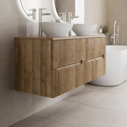 Aveli 1200mm Oak Vanity Unit Double Oval White Basin Wall Hung Fluted Soft Close - thumbnail 3