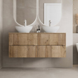 Aveli 1200mm Oak Vanity Unit Double Oval White Basin Wall Hung Fluted Soft Close - thumbnail 2