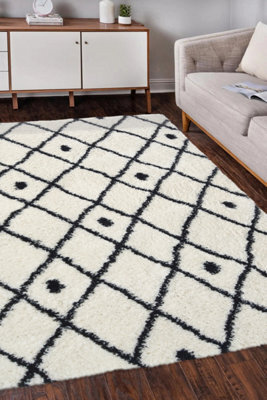 Melrose Shaggy Nomadic White Patterned Black Lines Indoor Large Area Rug 160/230Cm - image 1