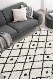 Melrose Shaggy Nomadic White Patterned Black Lines Indoor Large Area Rug 160/230Cm - thumbnail 2