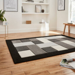 Black Grey Modern Geometric Bordered Chequered Rug For Living Room Bedroom And Dining Room-60 X 230Cm (Runner) - thumbnail 2