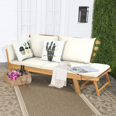 Costway Outdoor Daybed Patio Convertible Couch Sofa Wood Folding Chaise Lounge-Beige - image 1