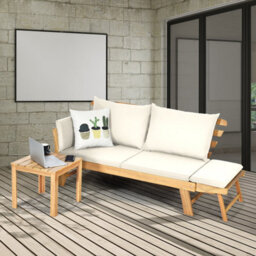 Costway Outdoor Daybed Patio Convertible Couch Sofa Wood Folding Chaise Lounge-Beige - thumbnail 5