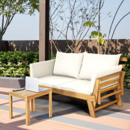 Costway Outdoor Daybed Patio Convertible Couch Sofa Wood Folding Chaise Lounge-Beige - thumbnail 6