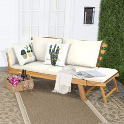 Costway Outdoor Daybed Patio Convertible Couch Sofa Wood Folding Chaise Lounge-Beige