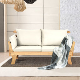 Costway Outdoor Daybed Patio Convertible Couch Sofa Wood Folding Chaise Lounge-Beige - thumbnail 4