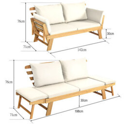 Costway Outdoor Daybed Patio Convertible Couch Sofa Wood Folding Chaise Lounge-Beige - thumbnail 2