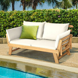 Costway Outdoor Daybed Patio Convertible Couch Sofa Wood Folding Chaise Lounge-Beige - thumbnail 3