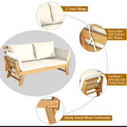 Costway Outdoor Daybed Patio Convertible Couch Sofa Wood Folding Chaise Lounge-Beige - thumbnail 8