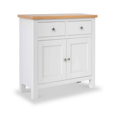 Farro White Mini Sideboard Fully Assembled - Painted With Oak Top By Roseland Furniture