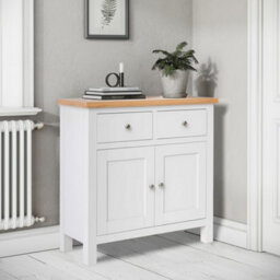 Farro White Mini Sideboard Fully Assembled - Painted With Oak Top By Roseland Furniture - thumbnail 2