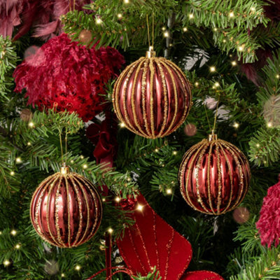 Melody Maison Set Of 3 Red Glitter Striped Reeded Hanging Christmas Baubles - 8Cm - image 1