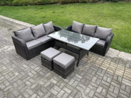 Fimous Rattan Garden Furniture Set Lounge Sofa 3 Seater Sofa Set Outdoor Rectangular Dining Table With 2 Stools 8 Seater - thumbnail 2