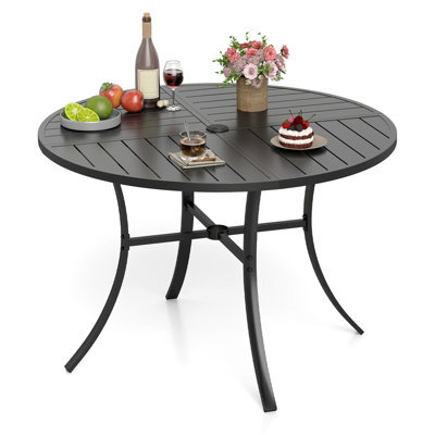 Costway Patio Dining Table 108Cm Round Metal Slat Bistro Table With Umbrella Hole