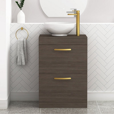 Royal Bathrooms 600mm Floor Standing Vanity Unit 2 Drawer Grey Elm & Countertop Basin - Breeze With Brushed Brass Handle - image 1