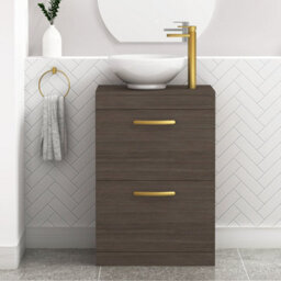 Royal Bathrooms 600mm Floor Standing Vanity Unit 2 Drawer Grey Elm & Countertop Basin - Breeze With Brushed Brass Handle - thumbnail 1
