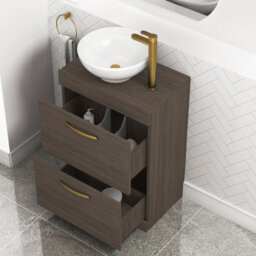 Royal Bathrooms 600mm Floor Standing Vanity Unit 2 Drawer Grey Elm & Countertop Basin - Breeze With Brushed Brass Handle - thumbnail 3