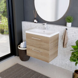 Balterley Contemporary Bathroom Wall Hung 2 Soft-Close Drawer Vanity Unit With Mid-Edge Ceramic Basin, Bleached Oak, 600 mm - thumbnail 4