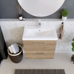 Balterley Contemporary Bathroom Wall Hung 2 Soft-Close Drawer Vanity Unit With Mid-Edge Ceramic Basin, Bleached Oak, 600 mm - thumbnail 3