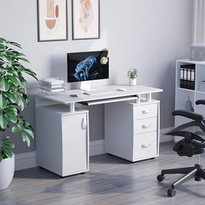 Vida Designs Otley Computer Desk With Shelves And 3 Drawers, Home Office Pc / Laptop Gaming Table, Study Workstation Keyboard