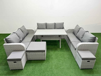 Fimous Pe Rattan Lounge Sofa Set 12 Seater Outdoor Garden Furniture Set Rectangular Dining Table 3 Seater Sofa 3 Stools Light Grey - image 1