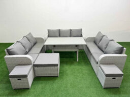 Fimous Pe Rattan Lounge Sofa Set 12 Seater Outdoor Garden Furniture Set Rectangular Dining Table 3 Seater Sofa 3 Stools Light Grey - thumbnail 2
