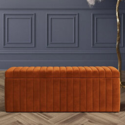 137Cm Wide Lux Ottoman Storage Box, Burnt Orange Velvet Upholstered Full Striped Storage Ottoman Box - thumbnail 1