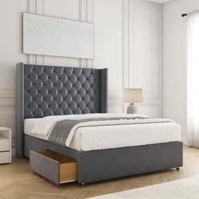 Bsspoke Olivia Divan Bed Set Steel Plush Velvet 54Inch Wingedback Headboard 2 Drawers Footend & Mattress In All Sizes - image 1