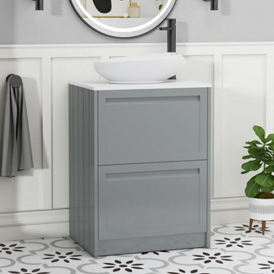 Royal Bathrooms Royal Bathroom Elmore 600mm Matt Pebble Grey Freestanding Bathroom Vanity Unit 2 Drawer Plain White Worktop With Nova Basin - image 1