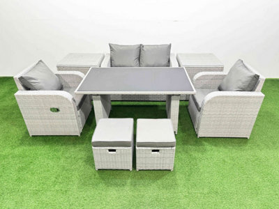 Fimous Outdoor Rattan Garden Furniture Dining Set 6-Seater  Reclining Chair Set With 2 Side Tables 2 Small Stools - image 1