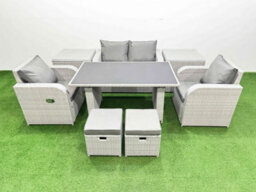 Fimous Outdoor Rattan Garden Furniture Dining Set 6-Seater  Reclining Chair Set With 2 Side Tables 2 Small Stools