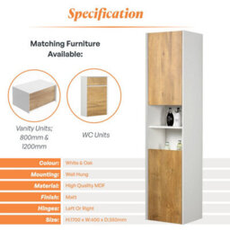 Plum&clay Declan White & Oak Wall Hung Bathroom Tall Storage Unit (H)1700mm (W)400mm - thumbnail 7