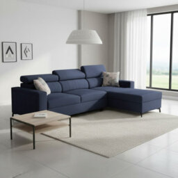 Baltico Mini Compact Corner Sofa Adjustable Headrests Pull Out Guest Bed Contemporary L Shaped Fabric Couch Blue Right