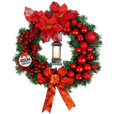 Globrite Christmas Wreath - 40 Cm, Red - With Bows Baubles & Lantern - Front Door Outdoor Christmas Decoration For Home Décor - image 1