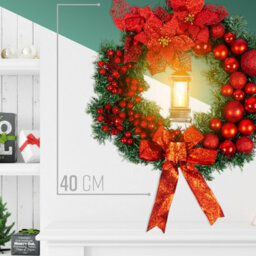 Globrite Christmas Wreath - 40 Cm, Red - With Bows Baubles & Lantern - Front Door Outdoor Christmas Decoration For Home Décor - thumbnail 5