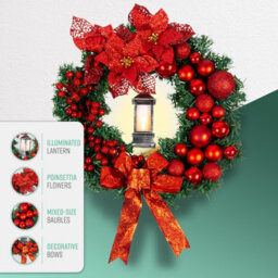 Globrite Christmas Wreath - 40 Cm, Red - With Bows Baubles & Lantern - Front Door Outdoor Christmas Decoration For Home Décor - thumbnail 6